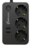 Techmaster 2 Usb + Type-C Akım ve Çocuk Korumalı 3lü Kare Priz 2mt