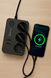 Techmaster 2 Usb + Type-C Akım ve Çocuk Korumalı 3lü Kare Priz 2mt