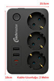 Techmaster 2 Usb + Type-C Akım ve Çocuk Korumalı 3lü Kare Priz 2mt