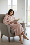 Serona Wellsoft Peluş Kapüşonlu Uzun Panço Yumuşak Dokulu Giyilebilir Tv Battaniyesi | Pudra S/M