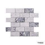 Tuqco Doğal Taş 5cm x 10cm Muğla Beyazı - Gümüş Honlu Mermer Mozaik Banyo Mutfak Tezgah Arası Duvar Kaplama Döşeme Paneli Fileli