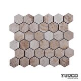 Tuqco Doğal Taş 2 inch Fileli Hexagon Traverten Valencia Eskitme Mermer Mozaik Banyo Mutfak Tezgah Arası Duvar Kaplama Döşeme Paneli