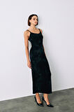 Sateen Askılı Kadife Elbise 1294-3504