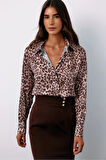 Sateen Kadın Leopar Desenli Gömlek 1587-2525
