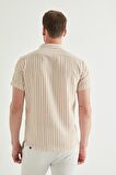 D'S Damat Slim Fit Bej Gofre Çizgili Kısa Kollu Yazlık Gömlek 8HC02ORT04265