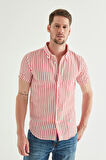 D'S Damat Slim Fit Kırmızı Gofre Çizgili Kısa Kollu Yazlık Gömlek 8HC02ORT04265