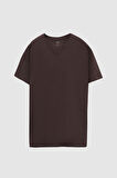Ds Damat Slim Fit Kahverengi V Yaka %100 Pamuk T-Shirt 4HC141996755M