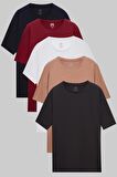 Ds Damat Lacivert/Bordo/Beyaz/Vizon/Antrasit 5'Li Oversize %100 Pamuk T-Shirt 6HC14ORTBN006 6HC14ORTBN006