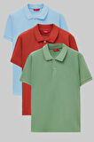 Ds Damat Regular Fit Açık Mavi/Kiremit/Açık Yeşil Pike Dokulu %100 Pamuk Polo Yaka T-Shirt
