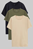 Ds Damat Slim Fit Lacivert/Haki/Bej 3'Lü T-Shirt
