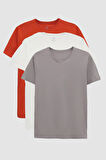 Ds Damat Slim Fit Kiremit/Gri/Beyaz 3'Lü T-Shirt