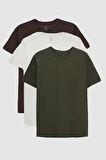 Ds Damat Slim Fit Kahve/Haki/Ekru 3'Lü T-Shirt