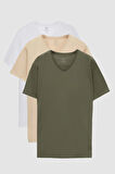 Ds Damat Slim Fit Haki/Bej/Beyaz 3'Lü Set V Yaka T-Shirt