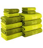 Yaprak Desenli %100 Pamuk Banyo Havlu Seti 12 Adet, -Comfort- Açık Lime, Lime