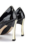 Tamer Tanca Kadın Vegan Siyah Rugan/Gold Stiletto Ayakkabı 886 1988 BN AYK SK23/24 SYH RGN/GOLD