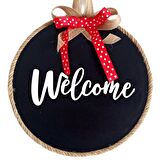 Welcome Yazılı Kırmızı Kurdeleli Ahşap Siyah Kapı Süsü