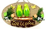 Yeşil Kuşlu Welcome Yazılı El Yapımı Kapı Süsü
