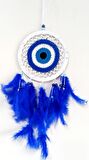 Saks Mavisi Kuş Tüylü Dream Catcher Nazar Boncuğu Motifli Düş Kapanı Duvar Süsü