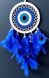 Saks Mavisi Kuş Tüylü Dream Catcher Nazar Boncuğu Motifli Düş Kapanı Duvar Süsü
