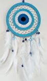 Nazar Boncuğu Motifli Turkuaz Rengi Dream Catcher Beyaz Kuş Tüylü Düş Kapanı Duvar Süsü