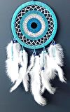 Nazar Boncuğu Motifli Turkuaz Rengi Dream Catcher Beyaz Kuş Tüylü Düş Kapanı Duvar Süsü