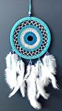 Nazar Boncuğu Motifli Turkuaz Rengi Dream Catcher Beyaz Kuş Tüylü Düş Kapanı Duvar Süsü