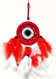 Kırmızı Ve Beyaz Kuş Tüylü Dream Catcher El Yapımı Mini Duvar Süsü