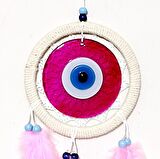 Pembe Tüylü Dream Catcher Fuşya Cam Nazar boncuklu Düş Kapanı Duvar Süsü