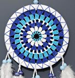 Nazar Boncuğu Desenli Bol Kuş Tüylü Beyaz Renk Dream Catcher El Yapımı Duvar Dekoru