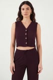 Lela Regular Fit V Yaka Yelek-Pantolon Gofre Takım Bayan TAKIM 5866484 BORDO