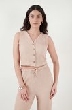 Lela Regular Fit V Yaka Yelek-Pantolon Gofre Takım Bayan TAKIM 5866484 VİZON