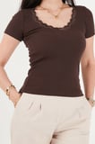 Lela Pamuklu Dantel Detaylı V Yaka Fitilli Bluz Bayan BLUZ 5866933 KAHVE