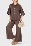 Via Dante % 100 Keten Relaxed Fit Brode İşlemeli Pantolon Bayan PANTOLON 69912211 KAHVE