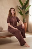 Lela Yumuşak Dokulu Bisiklet Yaka Lastikli Bel Kısa Kollu Pijama Takımı Bayan PİJAMA TAKIMI 65720102 KOYU KAHVE