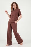 Lela Yumuşak Dokulu Bisiklet Yaka Lastikli Bel Kısa Kollu Pijama Takımı Bayan PİJAMA TAKIMI 65720102 KOYU KAHVE