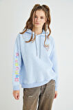 Lisanslı Baskılı Kapüşonlu Kalın  Mavi  Sweatshirt