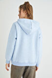 Lisanslı Baskılı Kapüşonlu Kalın  Mavi  Sweatshirt