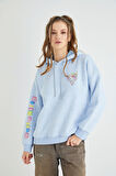 Lisanslı Baskılı Kapüşonlu Kalın  Mavi  Sweatshirt