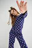 Lisanslı Uzun Kollu Lacivert Pamuklu Pijama Takımı