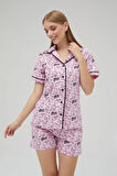 Lisanslı Düğmeli Pembe Kısa Kollu Pijama Takım