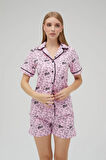Lisanslı Düğmeli Pembe Kısa Kollu Pijama Takım