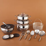 Karaca Karıştır-Pişir-Sakla 18 Parça Servis Gereçli Çelik Tencere Seti