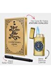 Atatürk Günlüğü - Brushed Gold Saatli Çakmak - Metal Roller Kalem