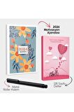 Sarı Papatya 2024 Motivasyon Ajandası - Pembe Gökyüzü Defter ve Metal Roller Kalem