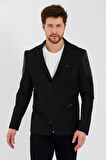 CEKMON Erkek Slim Fit Omuzları Deri Detaylı Fermuarlı Cepli Blazer Klasik Ceket