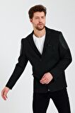 CEKMON Erkek Slim Fit Omuzları Deri Detaylı Fermuarlı Cepli Blazer Klasik Ceket