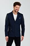 CEKMON Erkek Slim Fit Omuzları Deri Detaylı Fermuarlı Cepli Blazer Klasik Ceket