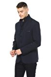 CEKMON Erkek Slim Fit Düğmeli Çok Cepli Deri Detaylı Astarlı Dik Yaka Klasik Ceket