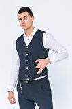 Erkek Slim Fit Çizgili Düğmeli Cepli Bürümcük Kumaş Klasik Yelek