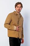 Erkek Regular Fit Çıt Çıtlı Gömlek Yaka Cepli Kışlık Astarlı Kaşe Mont